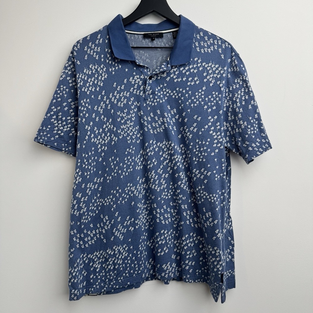 Ted Baker Polo Shirt Mens XL 5 Blue Ditsy Floral Golf Short Sleeve Vacation